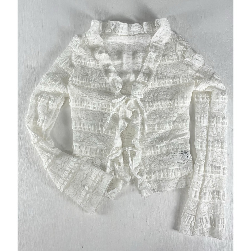 Glamine Sexy Deep V Neck Ruffle Trim Front Bow Thin Cardigan XS women's V DAY